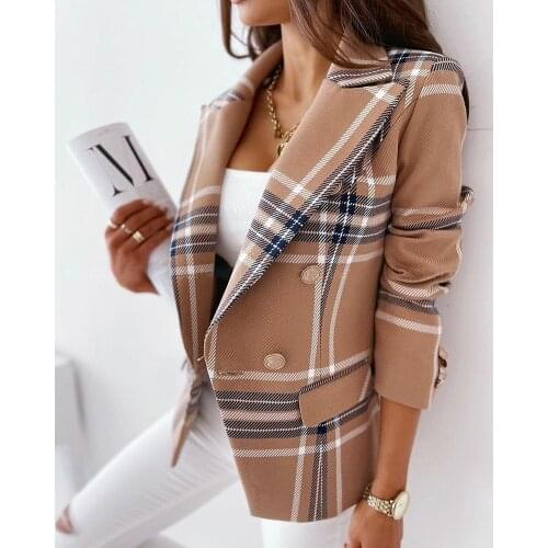 2021 Outdoor Tops New Fashion One Piece Plaid Lapel Collar Flap Detail Double Breasted Blazer Women Autumn Long Sleeve Jackets