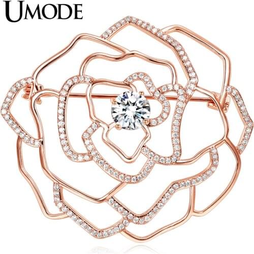UMODE Vintage Hollow Flower Large Brooches for Women Rose Gold Color Charm Austria Rhinestone Brooch Pin Christmas Gift AUX0017A