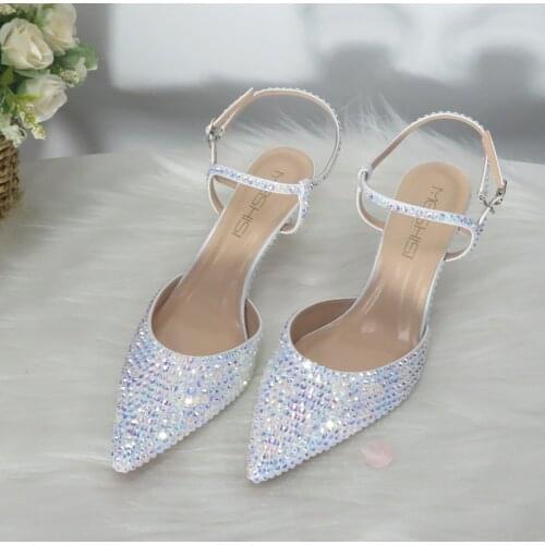 2021 New Arrival White Bling Crystal Pointed Toe Bridal Wedding Shoes Woman High Pumps Thin Heel Party Dress Shoes Big Size