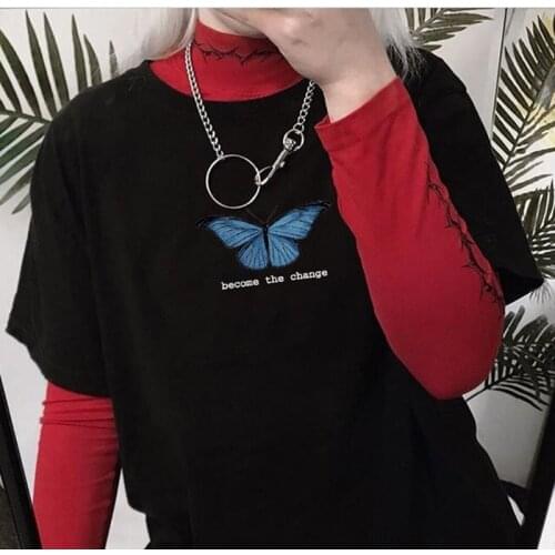 Harajuku Become The Change Women Butterfly Print Tops Streetwear Summer Fun Cute Aesthetic Inspirational Quotes vintage T-Shirt