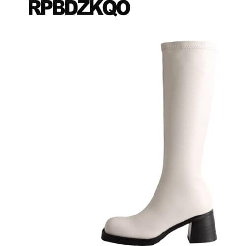 2021 Beige Stretch Long Sock Slim Chunky High Heel Square Toe Waterproof Women Black Knee Elastic Trending Shoes Side Zip Boots