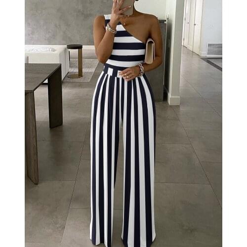 Fashion Summer Holiday Long Pants Sexy One Shoulder Striped Colorblock Womens Jumpsuit 2021 Summer Clothes Casual Streetwear
