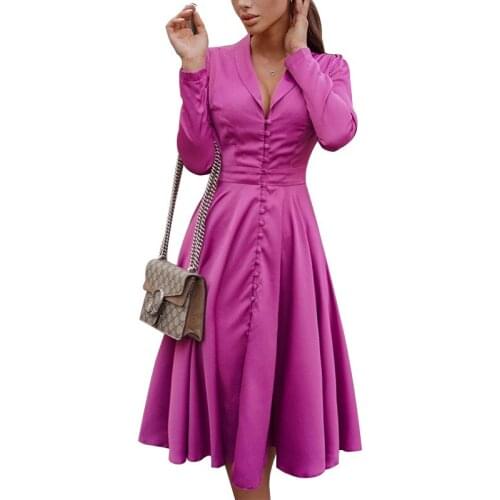 BAMBOOBOY Elegant Vintage Retro V Neck Button Solid Color Tunic Slim Casual Party A Line Skater Dress FD135