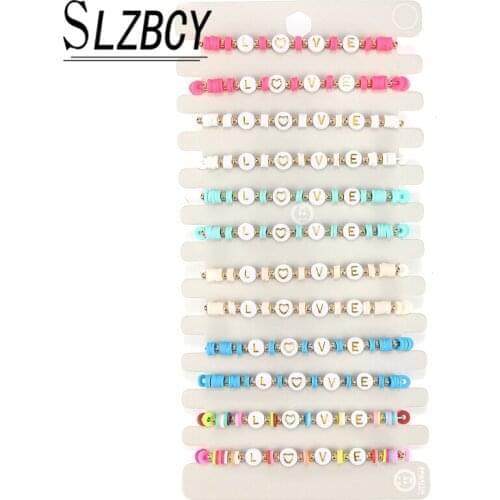 12 pcs/set Letter LOVE Charm Bracelets For Women Acrylic Soft Clay Handmade Beaded Braided Rope Bracelet Set Adjustable Jewelry
