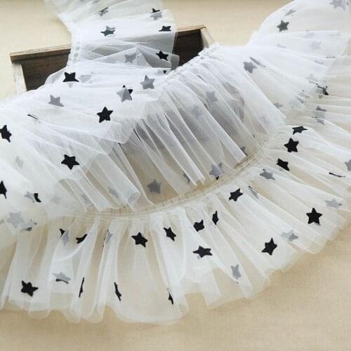 2Meters/lot 15CM Wide Double Layers 3D Pleated Mesh Lace Fabric Ruffle Trim Embroidered Stars Sewing Dress Clothing Material