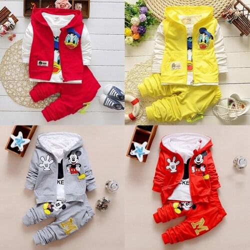 Kids Clothing Sets Donald Duck Boys Autumn Character Mickey Minnie Cotton Shirt +Pants+ Vest 3 Pcs Suit Children Clothes Set