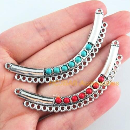 3Pcs Retro Tibetan Silver Tone Moon Wave Blue&Red Stone Charms Connectors 8.5x66mm