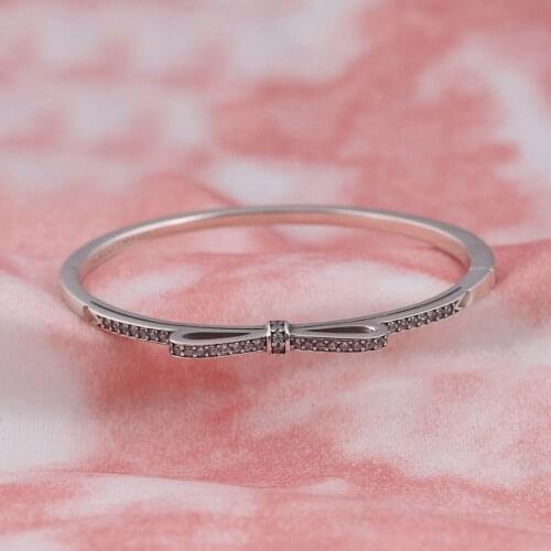 Authentic S925 Sterling Silver Sparkling Bow Clear CZ Bangle Bracelet Bangle For Women Wedding Gift fit Lady Fine Jewelry