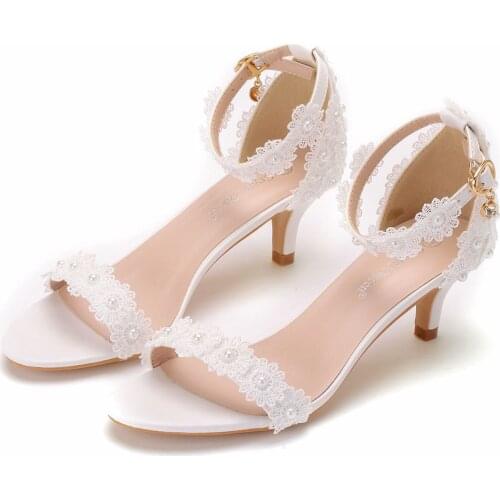 Summer Ladies 5CM Lace Flower Wedding Shoes Sandals Stiletto Heels White Buckle Female Princess Sandals For Women Shoes A0002