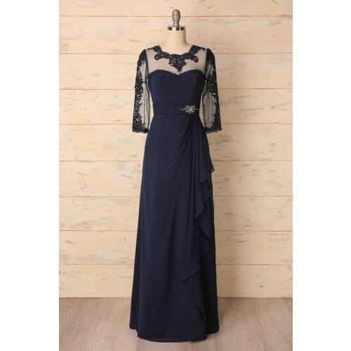 Long Lace O-Neck Mother of the Bride Dresses with Sleeve Chiffon Navy Blue Wedding Party Dresses for Women