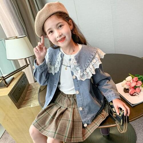 Girls Flower Cute Denim Jacket Coats Lace Special Collar Baby Princess Jeans Coats Children Clothes Kids Clothing Girls Outfits