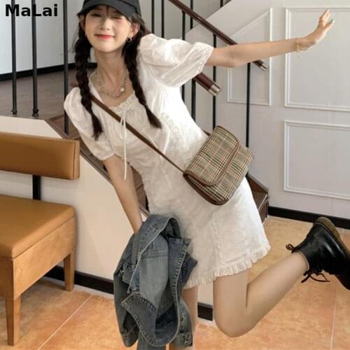 White Elegant Floral Dress Women French High Waist Lace-Up Sexy Midi Dress Summer 2021 Casual Slim Korean Designer Party Dress