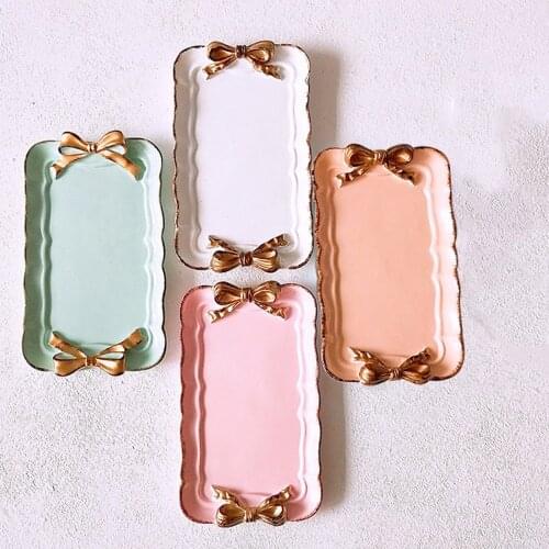 European Style Bow Cake Storage Trays Makeup Organizer Dessert Plate Square Decor Tray Kitchen Storage Trays 12x20Cm Retail