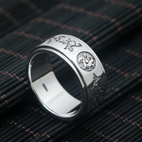 100%925 silver four god beast tsing lung white tiger rosefinch man Thai silver restoring ancient ways ring ring rotation