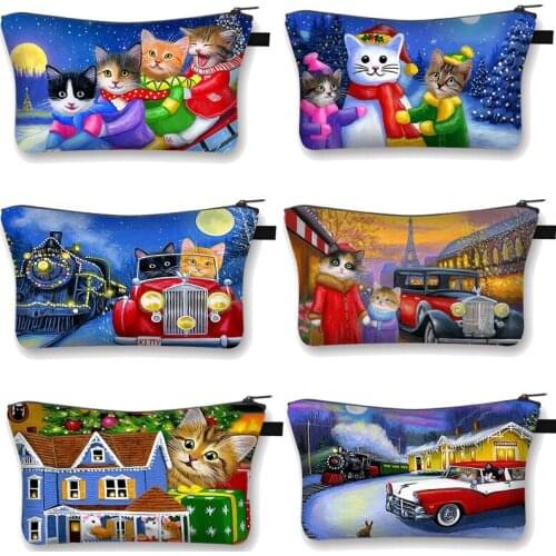 Kittens Cats Cars Christmas Eve Lane Houses Winter Snow Cosmetic Bag Pure Cute Cat Cosmetic Case Women Makeup Bags Mini Handbag