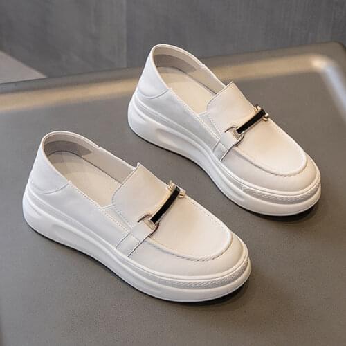 Women Vulcanize Shoes PU Genuine Leather Internal Increase Platform Metal Buckle Loafers Flat 2021 Fashion Casual Sneakers 34-40