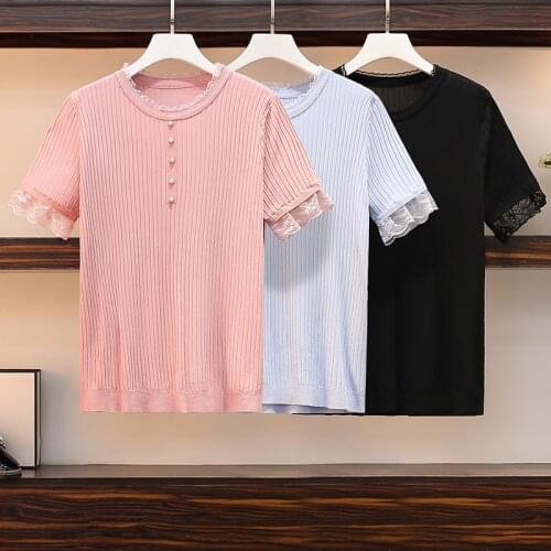 L-4XL plus size women Summer basic sweater pullover loose casual button lace Patchwork thin kint female jumper sweaters top