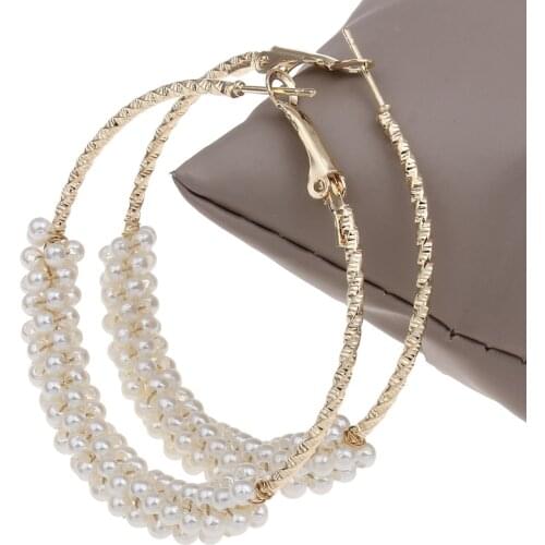 1 Pair Fashion 50mm Big Round Loop Circle Hoop Earring New Brand Imitation Pearl Gold-color Flower Cut Loop Hoop Earrings