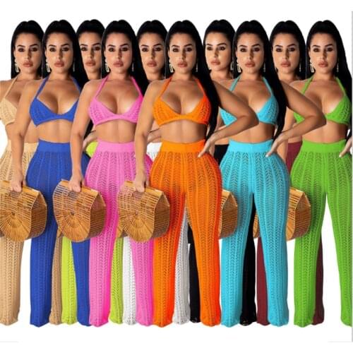 2021 New Hollow out 2 piece Beach cover-ups sexy women Bra Tops+long pants Bikini Swimwear cover up beachwear