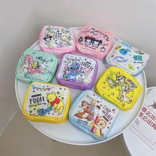 New Disney Cartoon Girls Sanitary Pad Pouch Mickey Mermaid Print Portable Napkin Towel Storage Bag Women Mini Wallet Coin Purse