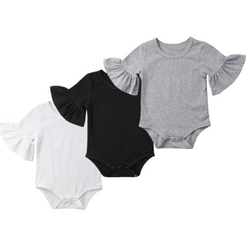 Newborn Infant Baby Girl Clothes Cotton Solid Flared Sleeve Bodysuits Jumpsuit Sunsuit Outfits