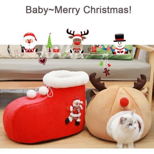 Christmas Boots Elk Cat Bed Autumn Winter Warm Enclosed Removable Washable Soft Cat Bed House for Dogs Cats Villa Pet Supplies