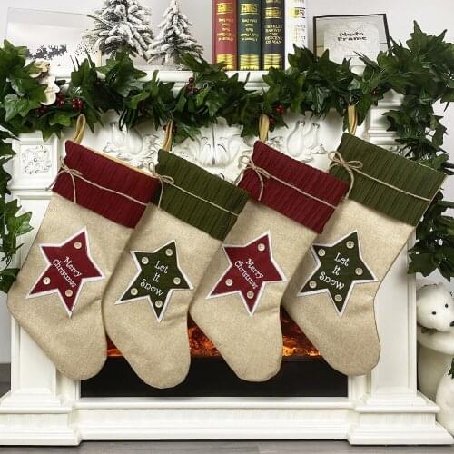 Christmas Socks Gift Bag Linen Five-pointed Star Christmas Decoration Socks Pendant Gift Bag Red Christmas Decorations