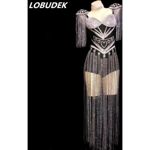 Silver Black Crystals Tassels Epaulet Bodysuit Nightclub Female Dancer Sexy DJ Stage Wear Singer Concert Bar Party Dance Costume