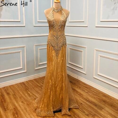Serene Hill Luxury Mermaid Gold Evening Dresses Gowns 2021 Diamond Beading Elegant Sexy For Women Party LA70981