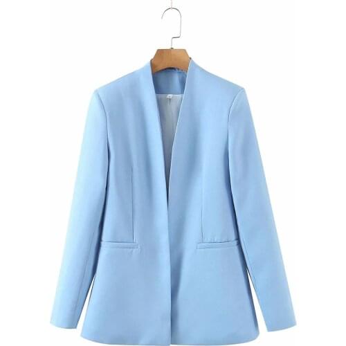 XIKOM 2021 Summer Women Blue Long Sleeve V Neck Pockets Slim Blazer Female Streetwear Coat Ladies Office Lady Top