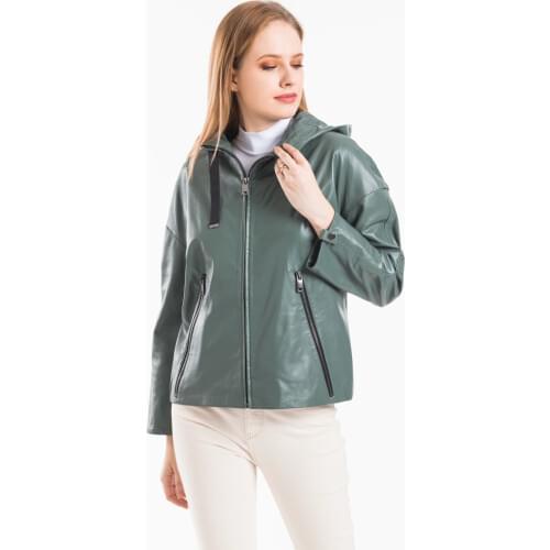 Genuine Leather Womens Hooded Oversize Jacket