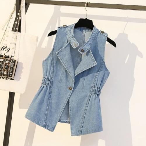 Women Korean Slim Sleeveless Jacket Denim Vest Spring Autumn New Suit Collar Fashion Cool Shirt Jean Waistcoat Tops M-4XL
