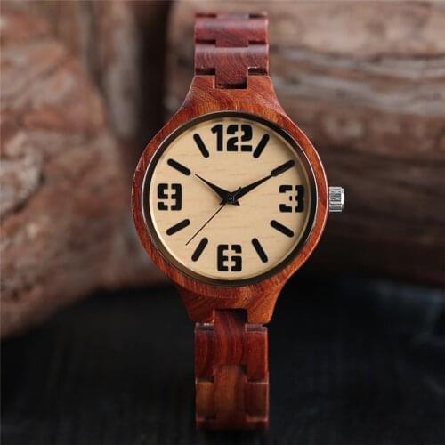 Steampunk Red Sandal Wooden Arabic Numeral Dial Lady Watches Full Wood Bracelet Quartz Movement Bamboo Wristwatch for Women Gift