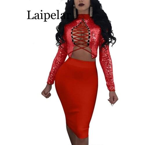 Sexy Lace Up Sequin Women Set Long Sleeve Hollow Out Two Ways Crop Tops + Solid Pencil Skirts Women 2 Piece Set Niightclub Wear
