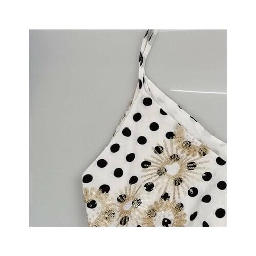 2020 Spring and Summer New Black Polka Dot Flower Sequined V-neck Sleeveless Suspender Top