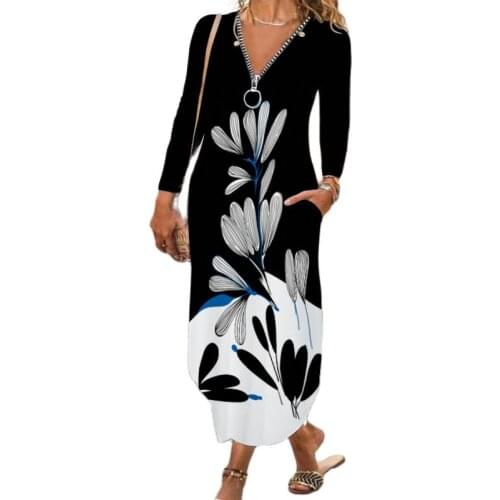 Autumn Winter New 3D Floral Print Long Sleeve Robe Maxi Dress Elegant Women V-neck Zipper Decor Pocket Holiday Long Vestidos