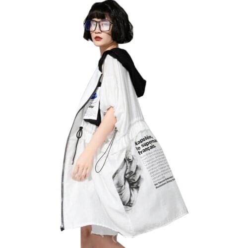 QING MO White Black Women Hooded Coat 2021 Summer Fashion Women Letter Printed Coat Female Adjustable Waist Coat ZQY7349