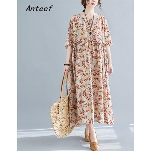 Short sleeve plus size cotton linen vintage floral dresses for women casual loose long woman summer dress elegant clothes 2021