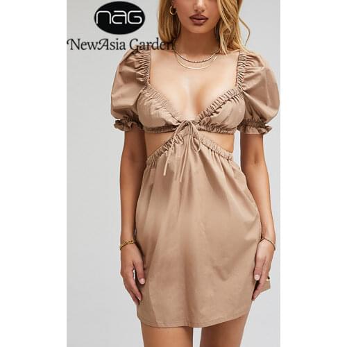 NewAsia Puff Sleeve Dress V Neck Tie up Backless High Waist Cut out Khaki Solid Color Mini Dress Sexy Dresses for Women 2021
