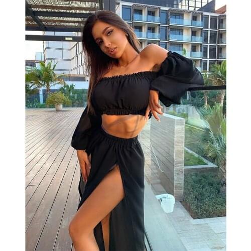2021 Women Mesh Sheer Bikini Cover-ups Set See-through Long Sleeve Crop Tops+Cover Up Skirts Two Piece Swimwear Beach Dresses