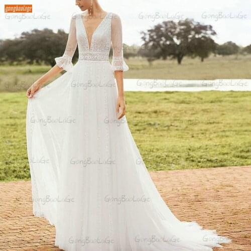 Sexy Backless Wedding Dress Ivory 2021 V Neck Robe De Mariée Custom Made Tulle A Line Bridal Gown For Women Vestido De Casamento