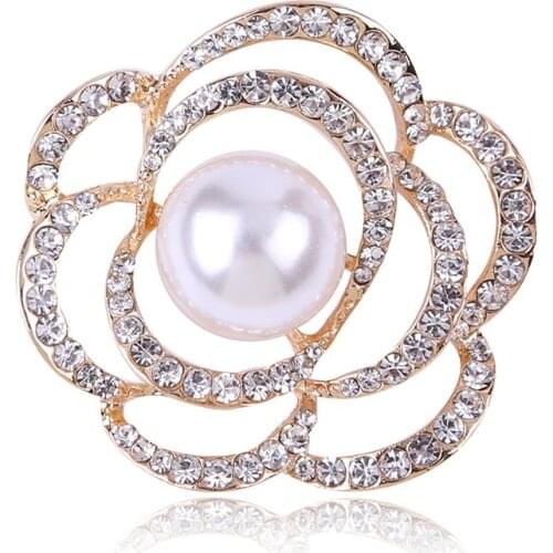 Gold Silver Color Crystal Rhinestone Flower Brooches for Women Men Wedding Bridal Party Pearl Flower Brooch Pin Clear