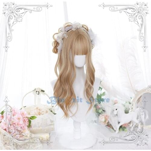 Golden Blonde Lolita Wig Harajuku Fairy Cosplay Bangs Body Wave Long Curly Wig Sweet Fringe Adult Girls Synthetic Hair