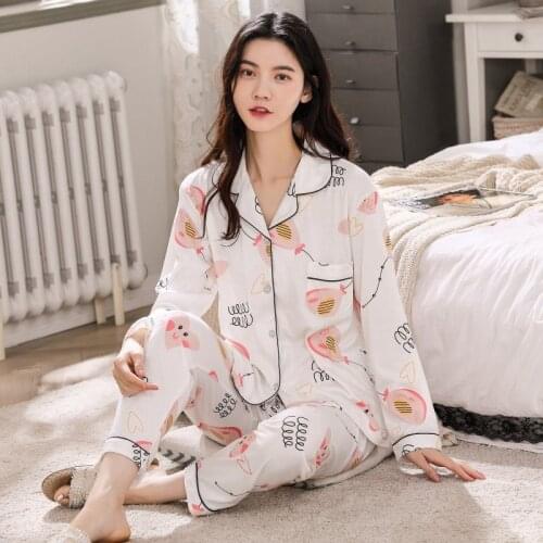 2020 Autumn Plus Size Long Sleeve Cotton Print Pajama Sets for Women Korean Sleepwear Pyjamas Homewear Pijama Mujer Home Clothes