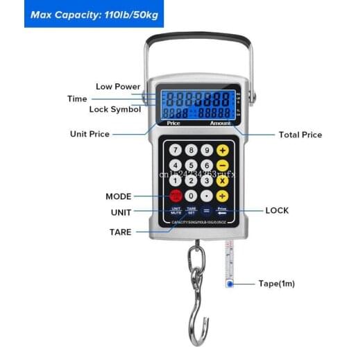 50pcs 7 in 1 Digital Pocket Scales LCD Display Electronic Pocket scale Multifunction Fish Hook 20g 50kg Hanging Scale