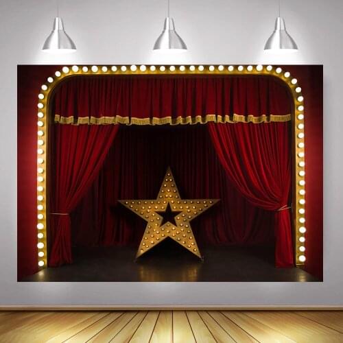 Circus Stage Photography Backdrop for Photo Studio Red Curtain Light Star Circus Background Portrait Photocall Wedding Boda