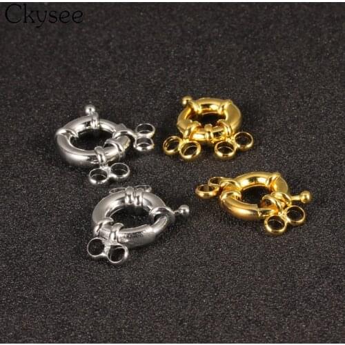 Ckysee Wholesale 10pcs/lot Rhodium Gold Color Round Copper Spring Clasps For Bracelet Connectors Clasps With 2 Loop DIY Findings