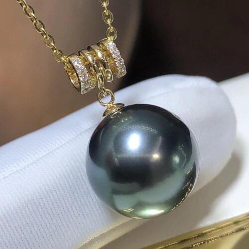 D420 Pearl Pendant Fine Jewelry Solid 18K Gold Round 11-12mm Ocean Sea Water Tahiti Black Pearls Pendants Necklaces for Women