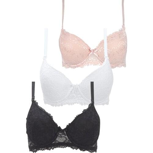 Women 3'lü Package-Padded Underwired Bras Black-Ecru-Salmon