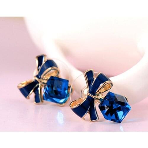 Crystal Blue Water Cube Box Bowtie Stud Earrings For Women Fashion Jewelry